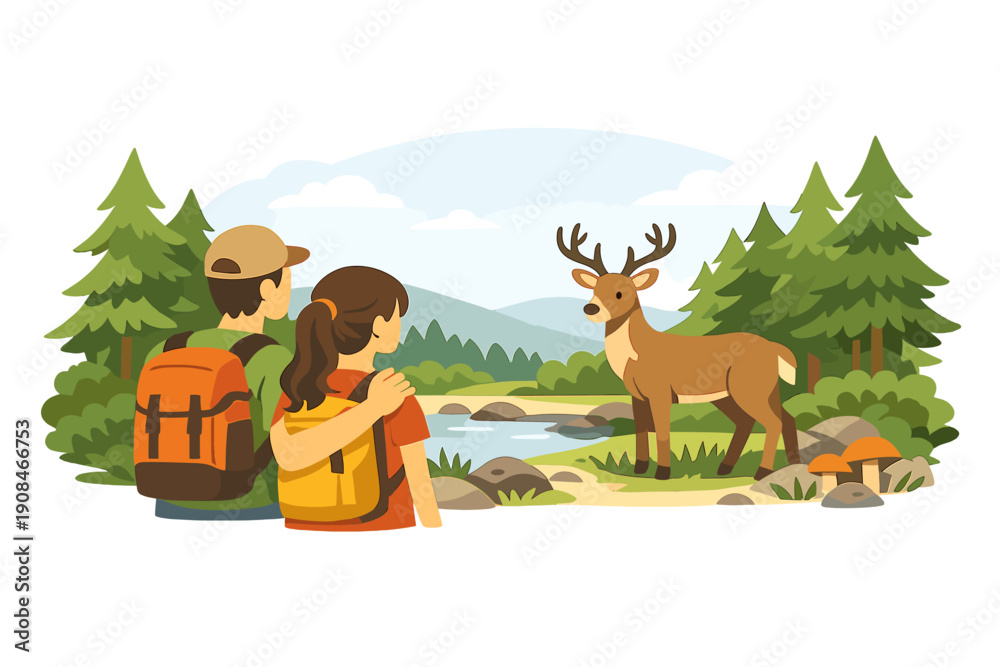 Naklejka premium While hiking, a couple unexpectedly encounters a wild deer in a peaceful, serene forest