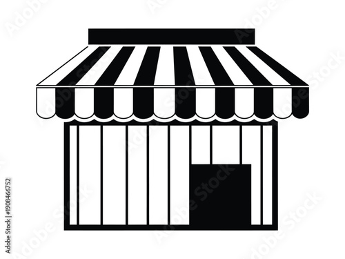 Vector illustration of a storefront with a striped awning and open door, representing retail and commerce