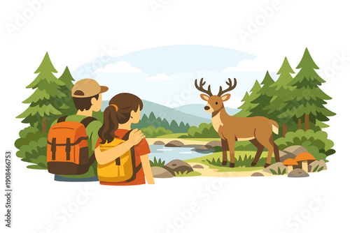 While hiking, a couple unexpectedly encounters a wild deer in a peaceful, serene forest