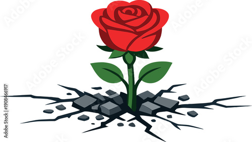 A lone bright red rose blooms unexpectedly amid the cracked pavement of a quiet street, proving nature's resilience and beauty in an urban environment