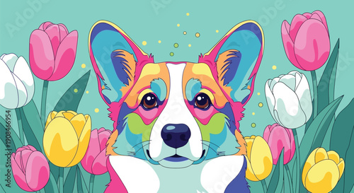 Happy welsh corgi dog wearing a vibrant flower crown in spring