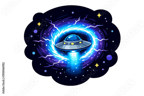 An unexpected UFO emerges through a luminous wormhole deep in space