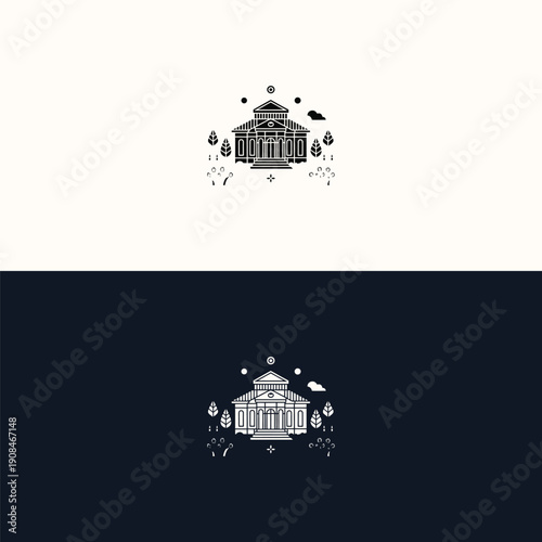 A distinguished black and white minimalist icon depicts a classical building with prominent columns, flanked by stylized trees or foliage, conveying heritage and nature.