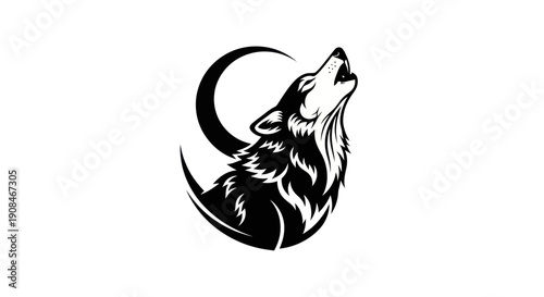 Silhouette wolf howling at crescent moon