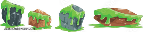 Toxic slime covered rocks illustration, fantasy terrain artwork, radioactive environment design, contaminated land concept, dripping green substance, sci‑fi landscape