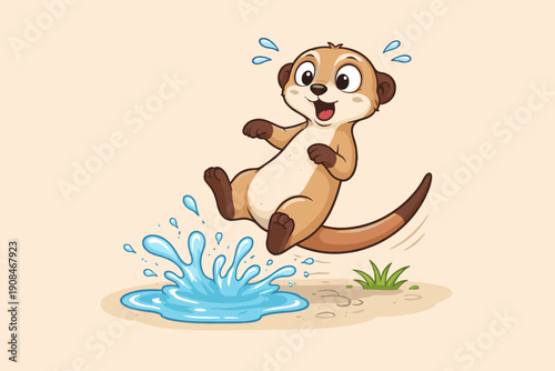 A meerkat suddenly meets water, leaping back swiftly to create a splash, set against a muted pastel tan backdrop
