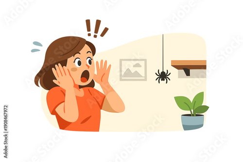 A woman is startled when she unexpectedly encounters a spider in her home