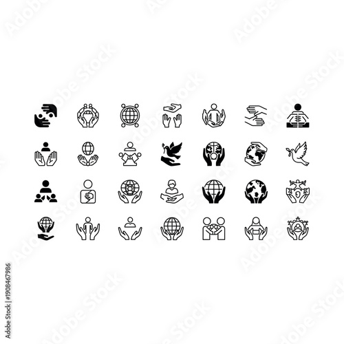 The illustration shows various icons representing global communication and social issues.