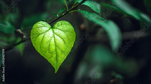 Vibrant Green Heart-Shaped Leaf on a Branch in Nature.