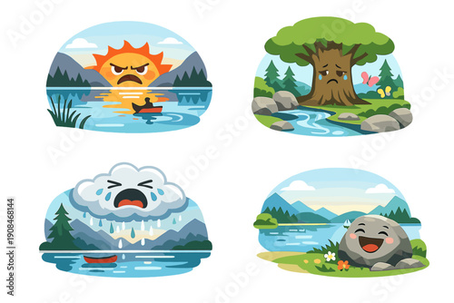 Surprisingly expressive faces in tranquil settings such as calm lakes or peaceful forests highlight a stark mood contrast
