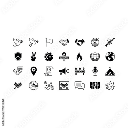 Various icons depict peace, conflict, and communication globally.