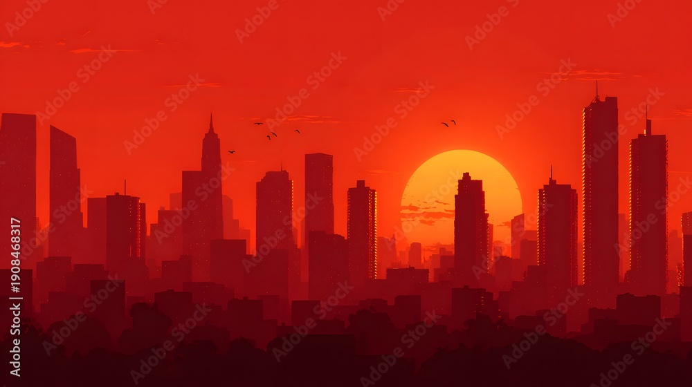 Fototapeta premium Vibrant Red Sunset Over a Silhouetted City Skyline.