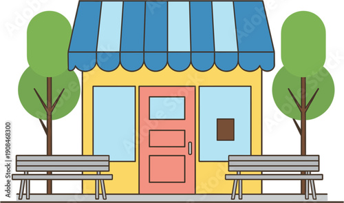 Yellow small business storefront building with blue striped awning and park benches flat vector illustration for retail shop cafe boutique and city street commercial design.