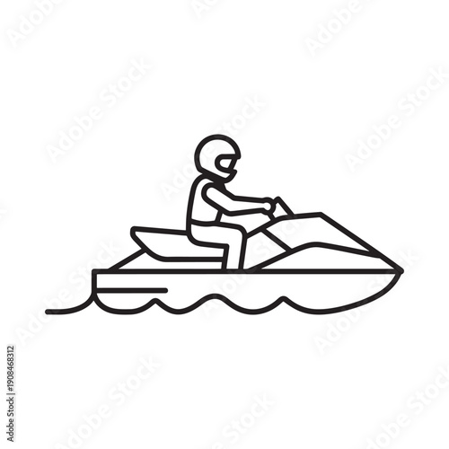 Line art illustration of a person riding a jet ski on water