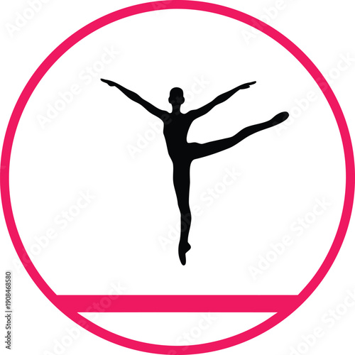 Graceful black ballerina silhouette performs an elegant pose with arms extended inside a vibrant pink circle