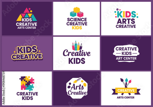 Creative kids art center and science school logo collection featuring colorful playful typography and educational design elements for kindergarten nursery and youth branding.