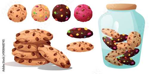 Best Cookie Jar Set Vector Illustration. Flat Clip Art Illustration Vector Set Of Jars With Different Objects. Canned Vegetables, Fish And Grass, Cookies And Candies, Colorful Premium Design.