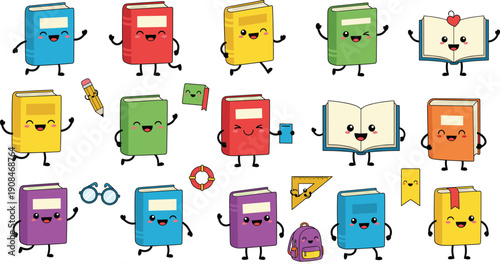 Cute Cartoon Book Characters Set with Smiling Kawaii Faces, School Learning Education Mascots, Colorful Reading Icons and Study Illustration Collection