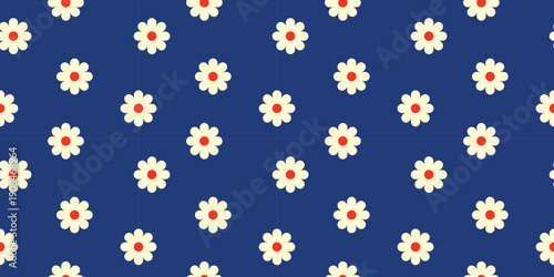 Seamless Floral Pattern with White Daisies and Red Centers on a Dark Blue Background, Retro Spring Botanical Vector Illustration