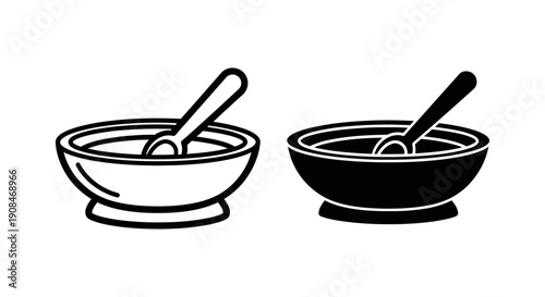 Baby Food Bowl and Spoon Icon in Outline and Solid Black for Mealtime and Nutrition