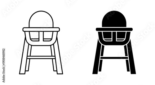 Baby high chair icon in outline and solid black, representing infant seating for dining and feeding time