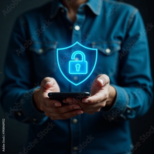 Cyber Security and Privacy Protection on Smartphone with Blue Digital Lock Icon
