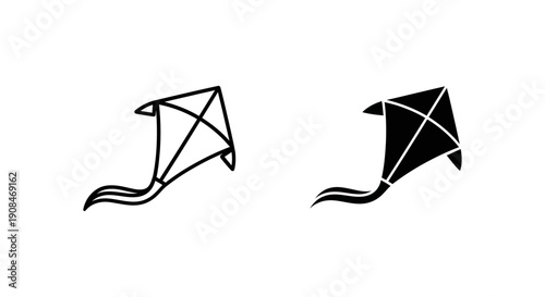 Kite icon with tail, in outline and solid black, symbolizing fun, freedom, childhood, and outdoor activities