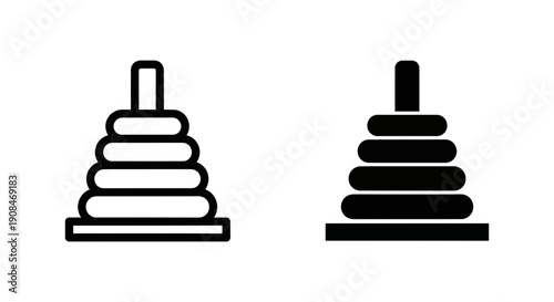 Stacking rings toy icon, representing childhood, learning, development, and play. Available in outline and solid black.