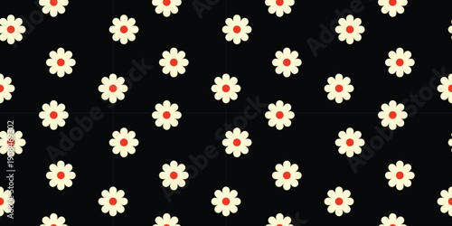 Seamless Floral Pattern with White Daisies and Red Centers on a Solid Black Background, High Contrast Retro Botanical Vector