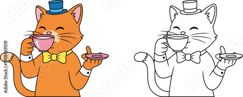 Elegant Cartoon Cat Wearing Top Hat and Bow Tie Sipping Tea with Coloring Page Outline