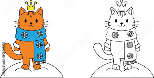 Cute Cartoon Cat Prince in Crown and Snowflake Scarf on Snow with Coloring Page Outline