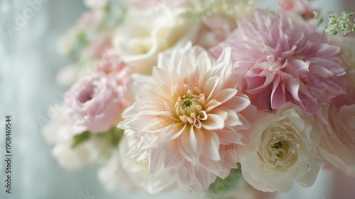 Soft Pastel Floral Arrangement with Delicate Blooms and Petals.