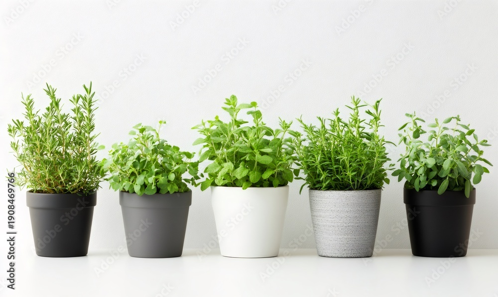 Fototapeta premium Assortment of fresh garden herbs with rosemary, oregano, mint, thyme, and sage growing in pots on a white background
