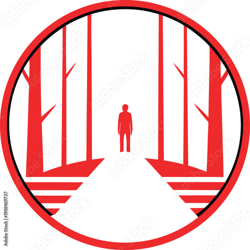 Person Standing on a Forest Path Between Stylized Trees Looking Forward