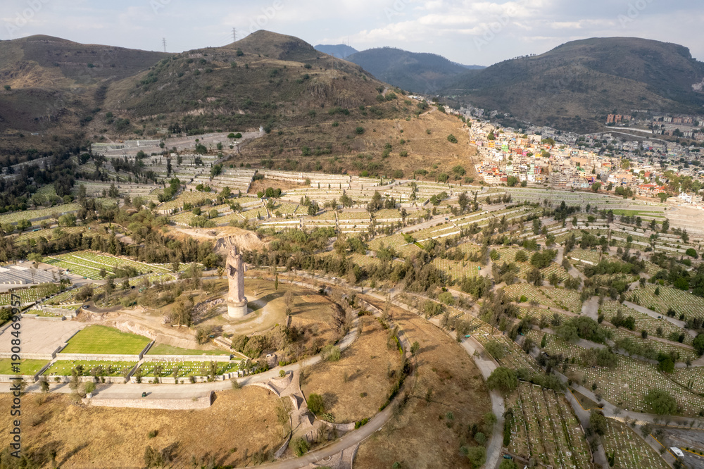 Fototapeta premium Aerial View of Jesus Christ Monument in a Cemetery, Mexico