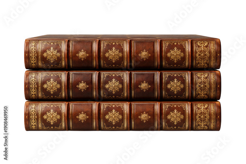 Antique leather book stack with gold embossed spine decorations and classical binding for library use