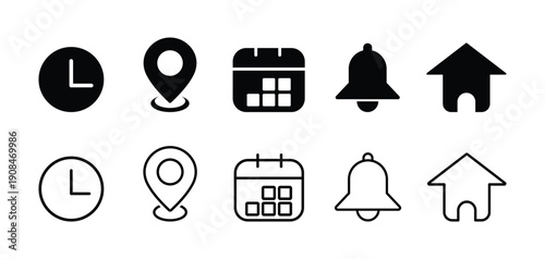 Time, address, and date icon vector files. Clock, pin map location, and calendar signs collection
