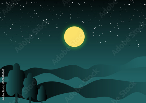 Night landscape with bright full moon over dark hills and trees under starry sky