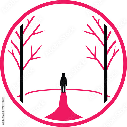 Silhouette of a person walking on a path between two stylized trees within a vibrant pink circular frame