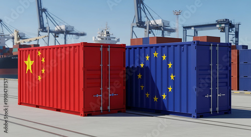 China and European Union shipping containers at port