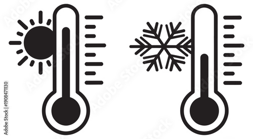 Hot and cold temperature thermometer icons set, sun and snowflake symbols, UI and app weather concept, modern vector illustration design