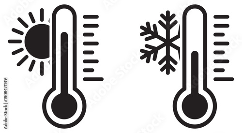 Hot and cold temperature thermometer icons, weather symbols with sun and snowflake, climate control design, app and interface vector graphics