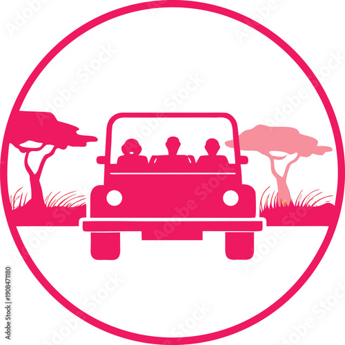 Three people enjoy an exciting safari adventure in an open vehicle among savanna trees and wild landscapes