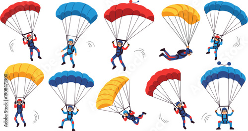 Skydiving Parachutist Cartoon Character Set with Colorful Parachutes, Freefall Poses, Extreme Sport Adventure, and Aerial Action Vector Illustration