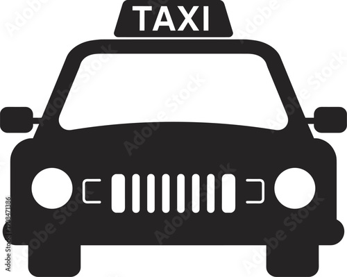 Black and white silhouette of front view taxi with roof sign, headlights, grille, and mirrors, symbolizing public transportation, taxi services, and urban mobility