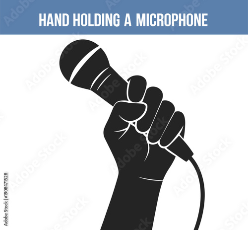 Black silhouette illustration of hand holding microphone with wire, symbolizing public speaking, performance, broadcasting, interviews, communication, and music events