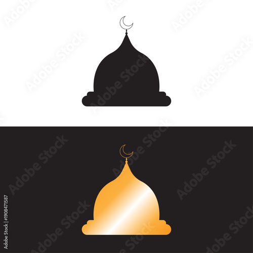 Golden Mosque Icon Silhouette Islamic Ramadan Kareem and Eid Mubarak Religious Architecture Vector Illustration
