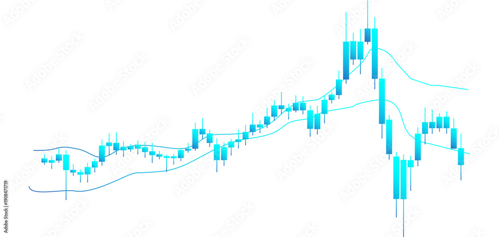 Obraz premium Candlestick trading chart with blue cyan candles bearish market trend and moving average indicator isolated on transparent background