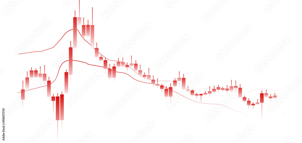 Obraz premium Bearish candlestick chart with falling trend and red candles with multiple moving average indicator lines isolated on transparent background