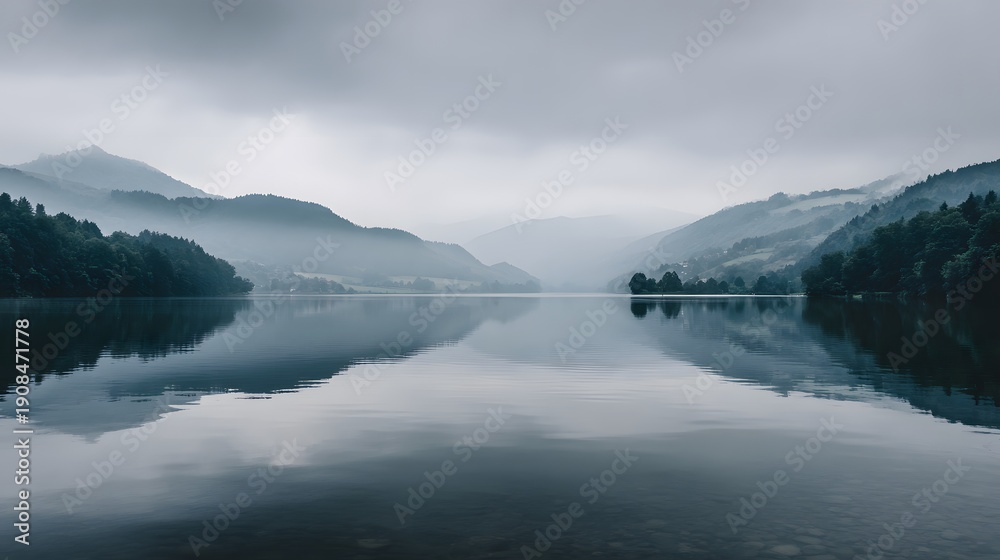 Fototapeta premium Misty Mountains Reflected in a Serene Lake on a Cloudy Day.